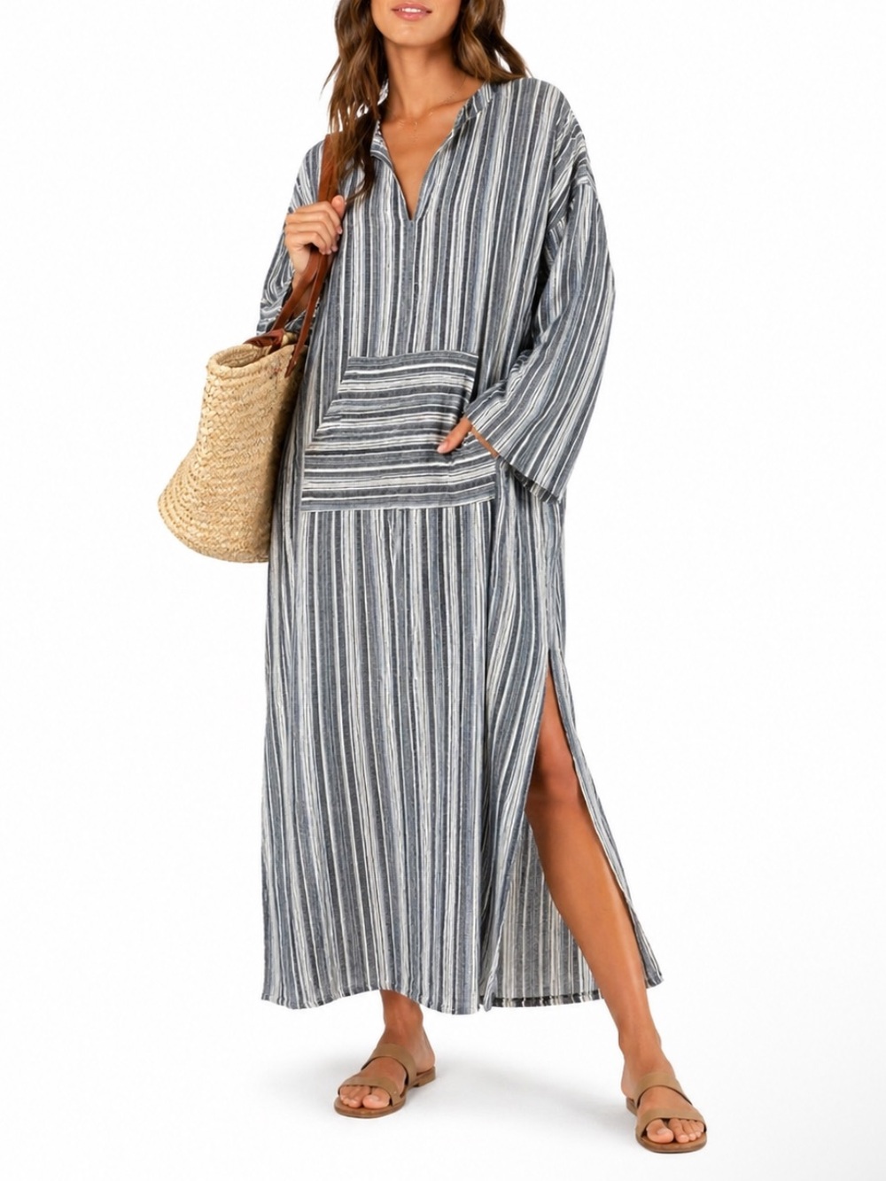 MISSLOOK Striped Maxi Dress Tunic Coverup Coastal Boho Lagenlook Beach Sz XL